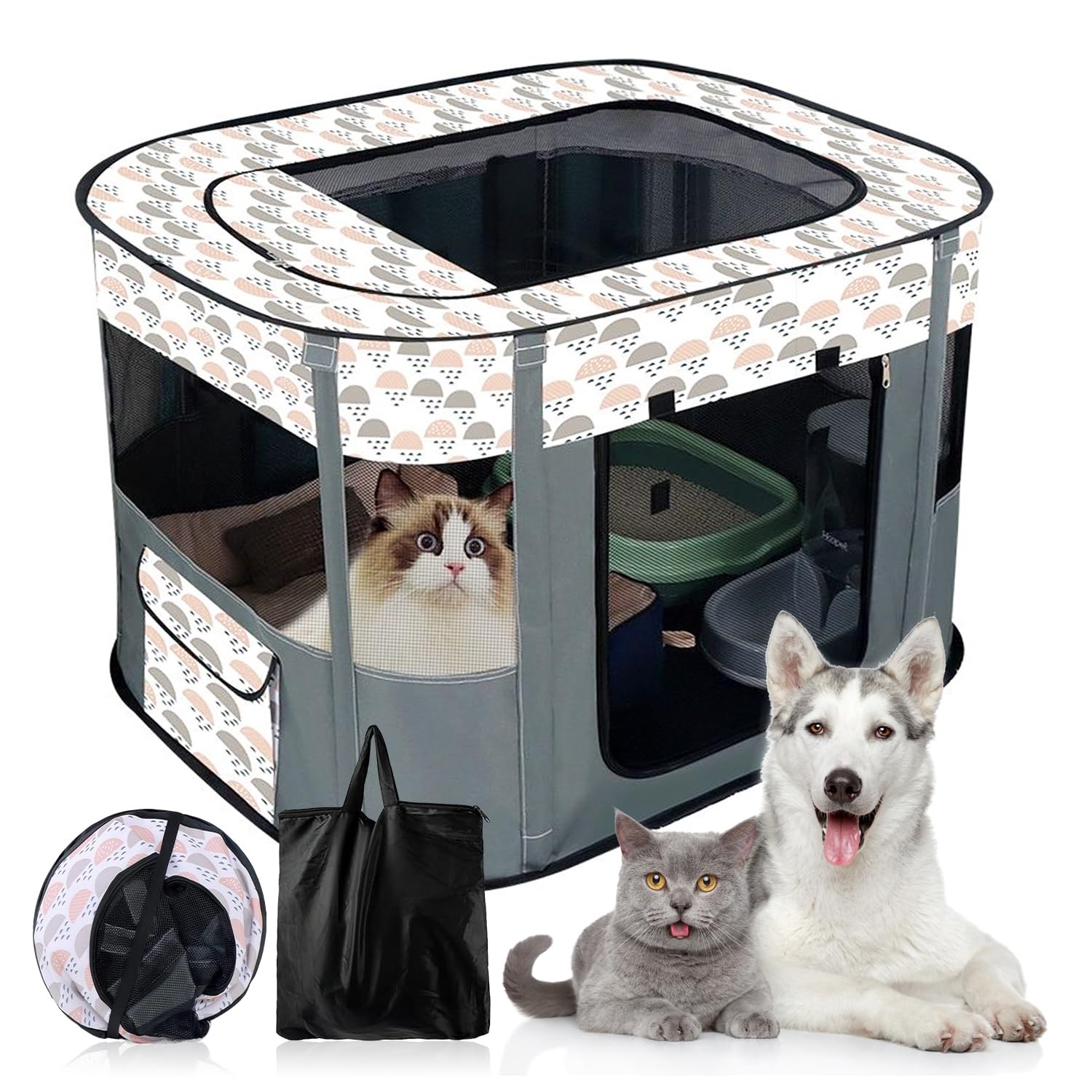 ペットサークル 折りたたみ 80 cm*60 cm*55 cm 長方形 室内 猫 犬 ケージ 屋根付き 折り畳み 哺乳期 ペット分娩室 大空& 軽量 使用便利 防水性 300Dオックスフォード布 組立簡単 収納袋付き ((グレー 80*60*55CM))