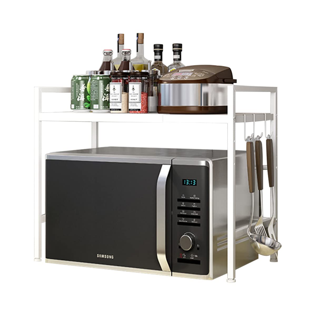 レンジラック レンジ上ラック 伸縮式 幅(40~60cm) 電子レンジ台 キッチンラック トースターラック 幅伸縮式 棚板高さ三段調節可 省スペース ステンレス製 耐荷重70kg (ホワイト)