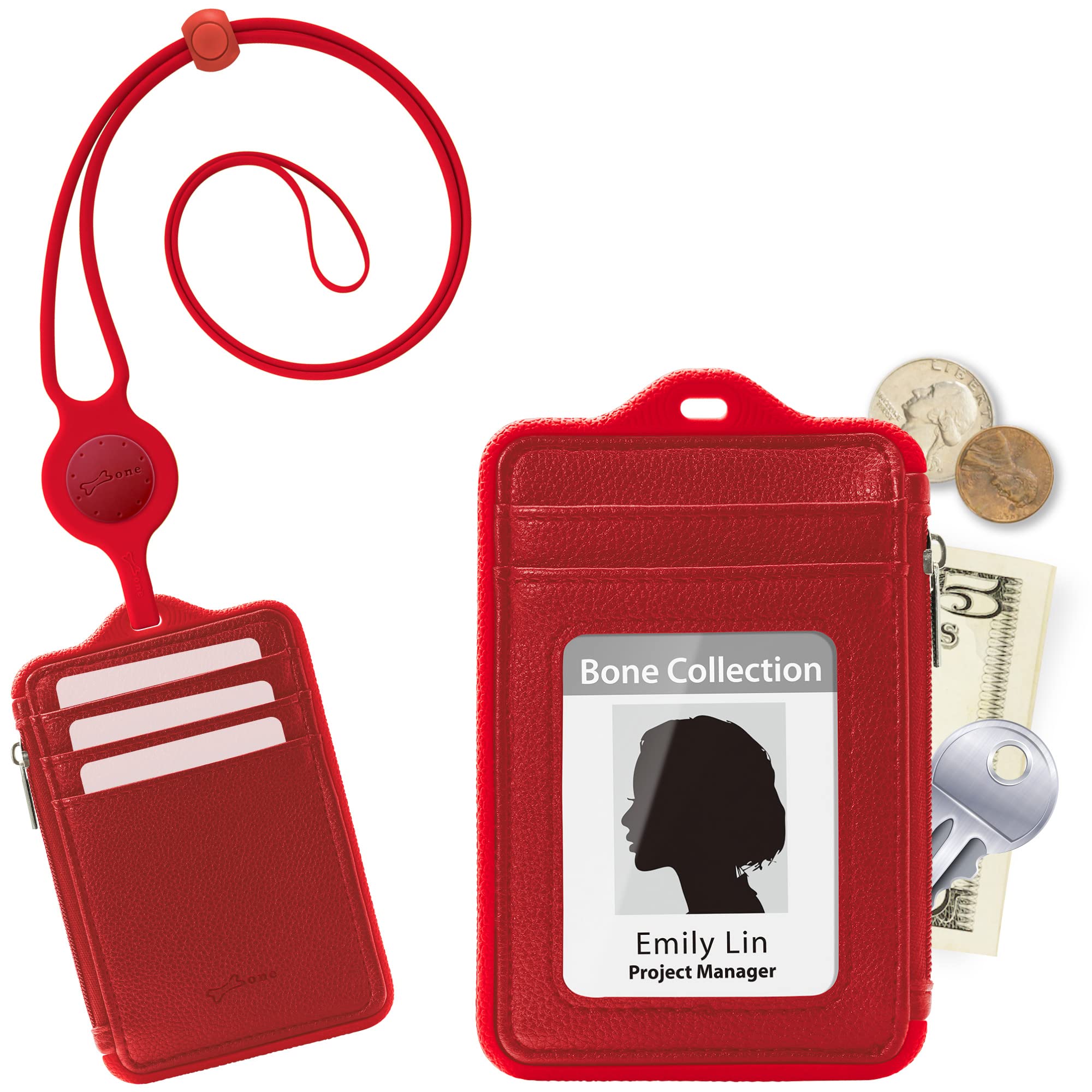 IDカードホルダー ネームホルダー 本革 縦型 小銭入れ 両面 ネックストラップ付き 社員証 名札 定期入..