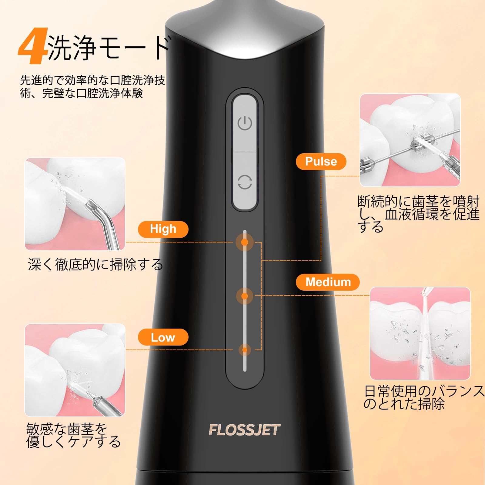 ジェットウォッシャー 口腔洗浄器 こうくう洗浄機 歯間ケア USB充電式 4種類モード 替えノズル5本付き 口腔ケア コンパクト 外出用 IPX7防水 家庭用 旅行用 300MLタンク プレゼント