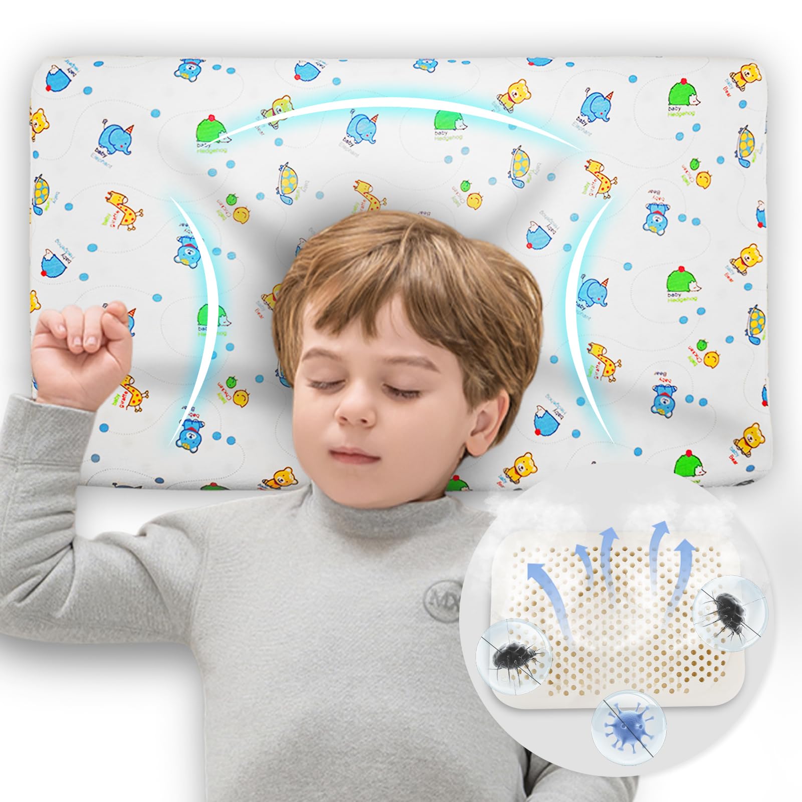 子供枕 天然ラテックス枕 キッズ まくら 1~6歳適用 お子様 幼児 未就学児 頭?頸椎全体をやさしく支える 絶壁防止 向き癖 頭の形 斜頭 猫背 寝姿を矯正 綿100%カバー付き 洗える 通気性 快眠 汗とり 快眠