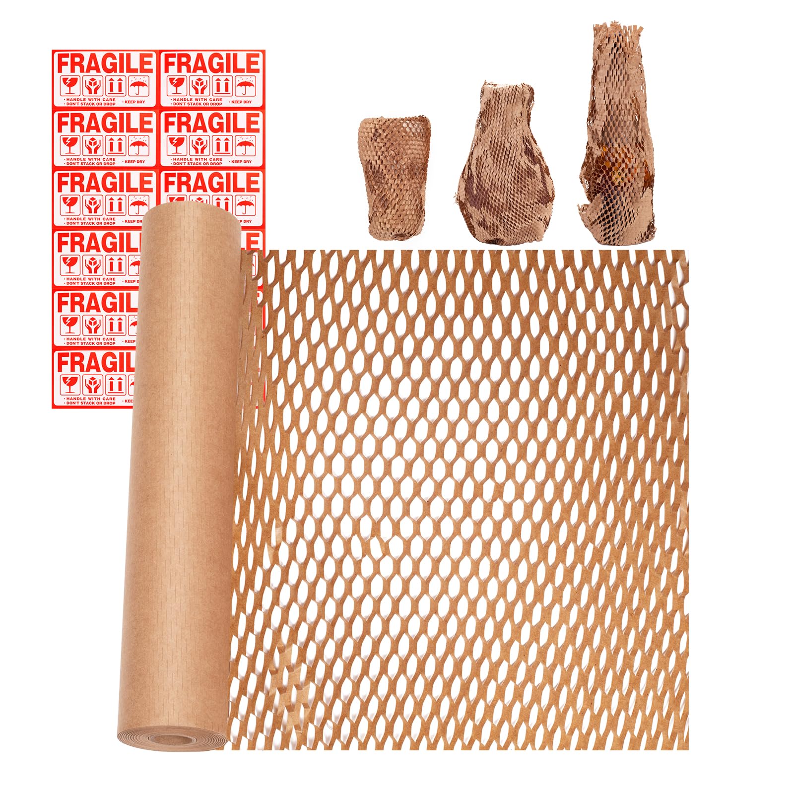 緩衝材 引っ越し用 食器梱包材 ハニカム紙 輸送用緩衝材 割れ物の注意シール12枚付き 回収可能素材 環境に優しい 食器 ガラス器 ギフトラッピングなどに最適 38cm×50m