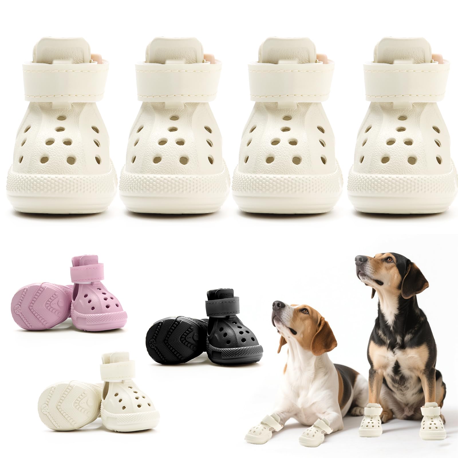犬靴 犬用ブーツ ドッグシューズ 犬用サンダル 春夏用 軽量通気 メッシュ 抗菌防臭 柔らかく快適 履かせやすい 脱げにくい 肉球保護 滑り止め 散歩 雨の日 防水 介護 傷舐め防止 夜間反射テープ付 小&中&大型犬 8サイズ 4個セット (ベージュ 6#)