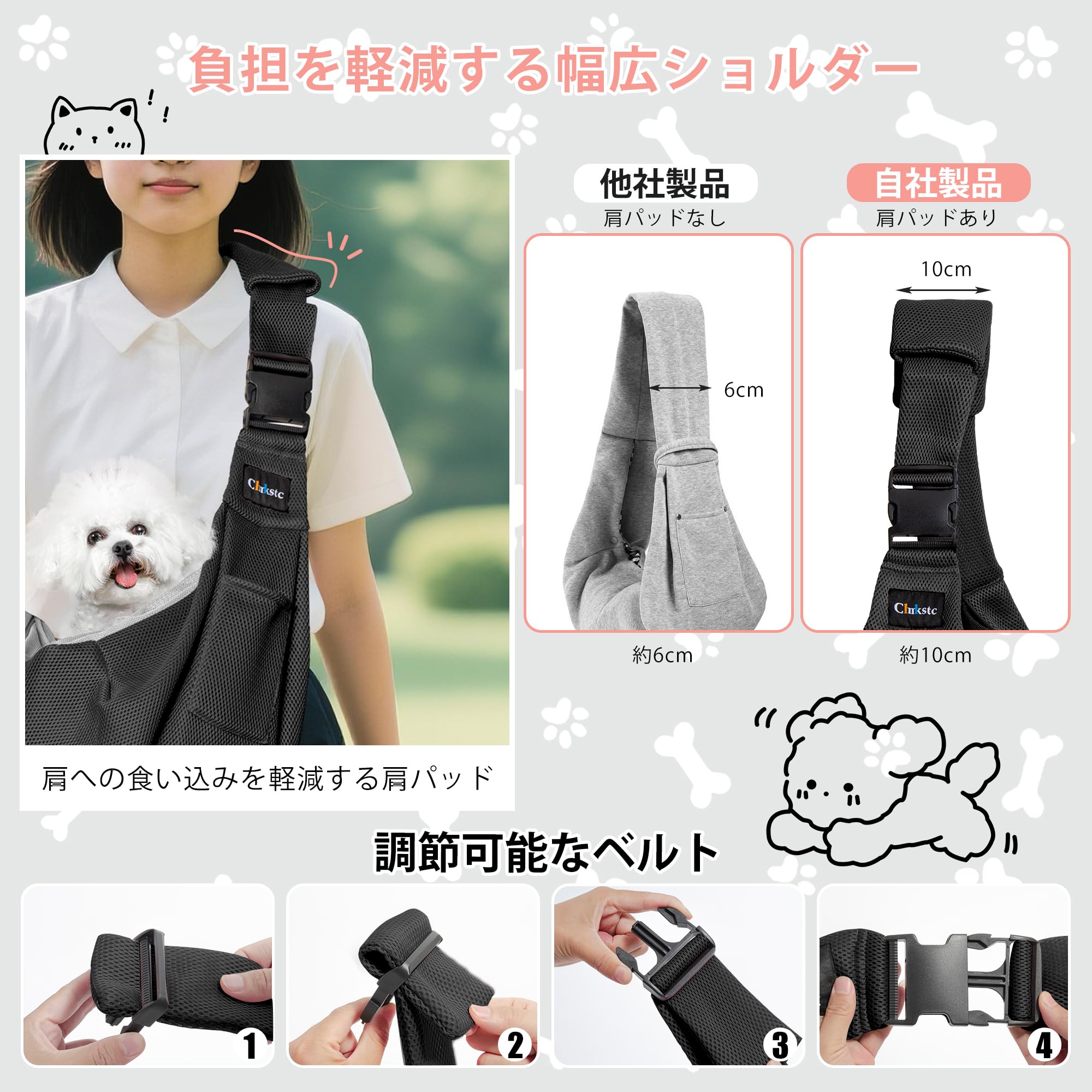 カシキド楽天市場店の犬 抱っこ紐 ペットスリング ペット バッグ キャリーバッグ ドッグスリング 猫バッグ 肩パッド メッシュネット 調節可能 ポケット付き 斜めショルダーバッグ メッシュ生地 通気性 お出かけ抱っこ 軽量 お出かけ/散歩/ドライブ/旅行 犬猫兼用 小型犬/中型犬 ペット用品｜アングル3