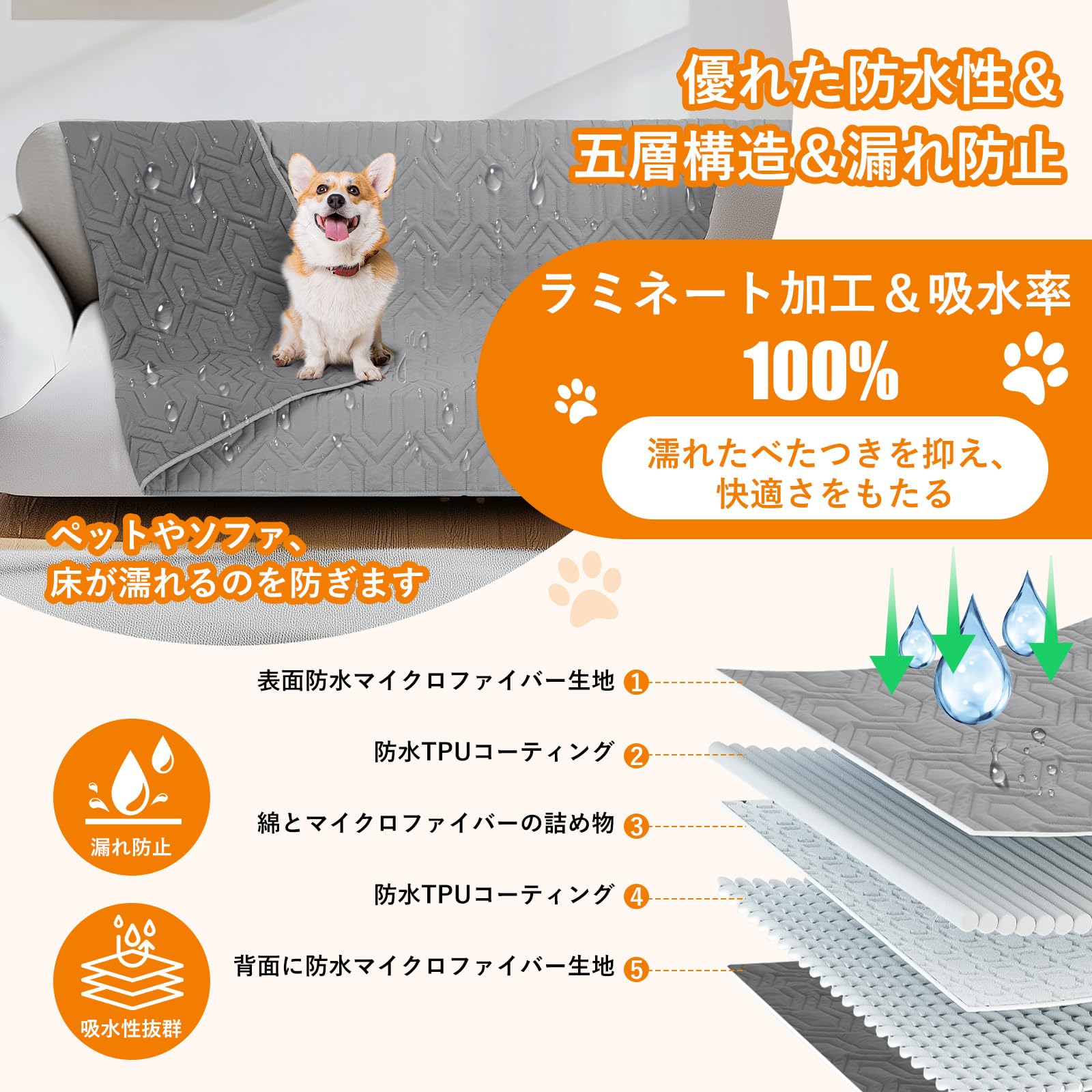 防水シーツ 漏れ防止 防水ベッドカバー 両面使用 防水シーツ シングル ダブル ベッド 犬 猫用 防水カバー ベッド 保護家具 ソファ 汚れ防止 繰り返し使える 噛み耐性 速乾 防ダニ 制菌 大判 おねしょシーツ 尿失禁 ペット粗末対策 介護用 (グレー 208*305cm) 2