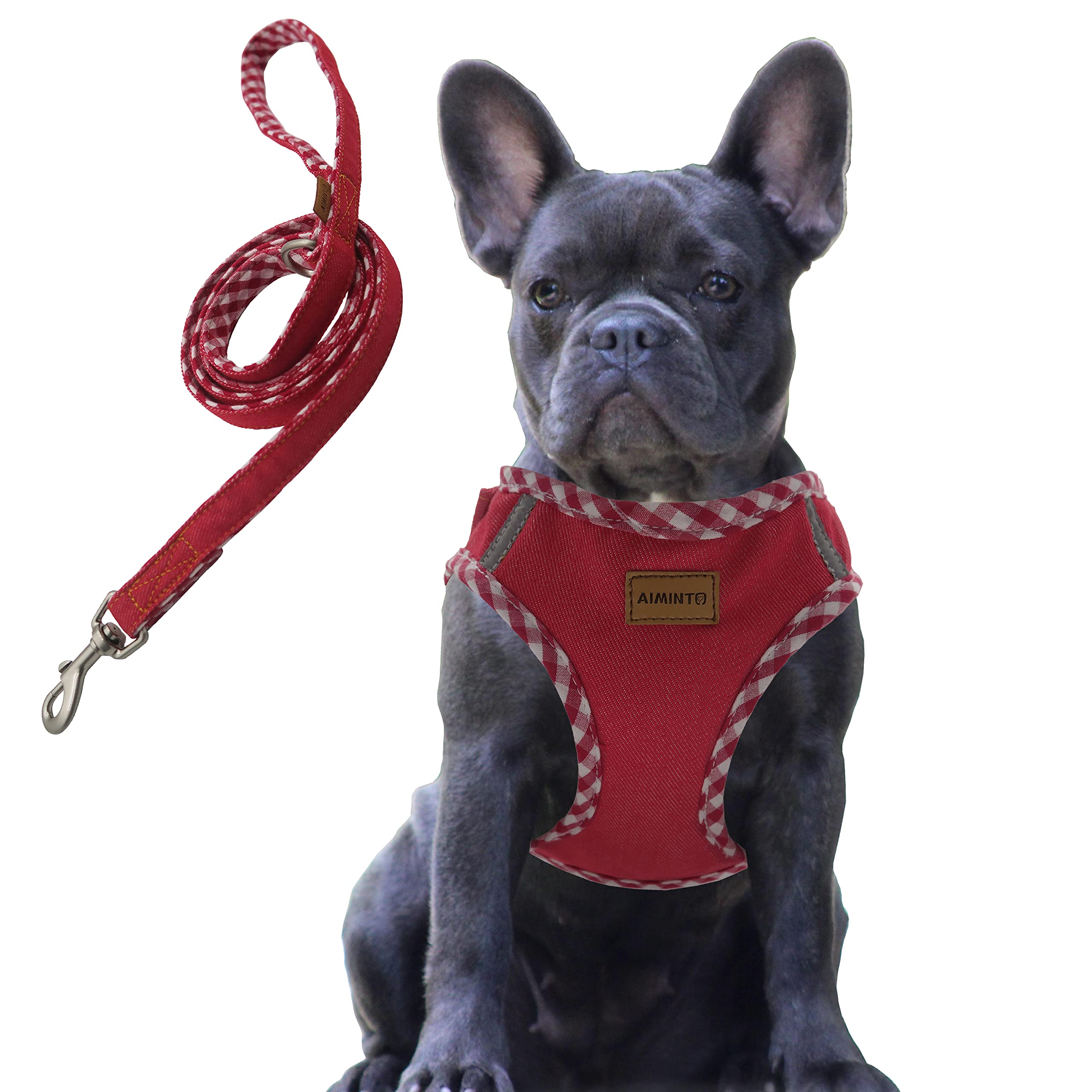 デニム犬用ハーネス＆リードセット、通気性の高いメッシュ素材、軽量、ハーネス胸元に反射材付き - 中型犬用 (ハーネスとリードをセット(レッド) M胴範囲42-48cm)