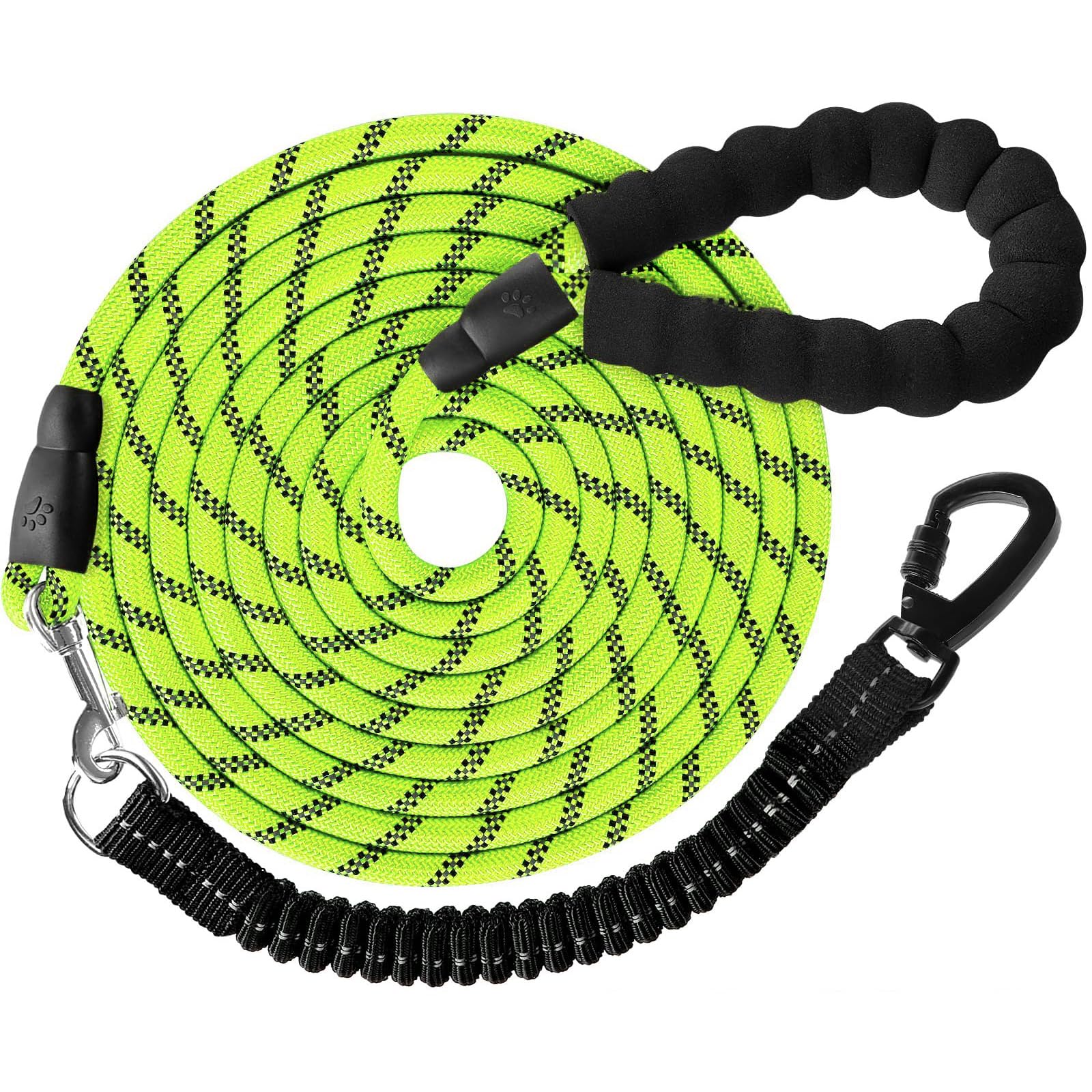 犬 ロングリード 犬用リード 20m - 長い丸ロープ 小型犬 中型犬 大型犬 反射 軽量 丈夫 持ちやすい スポンジハンドル 伸縮リーシュ付き 犬用散歩ひも 訓練用 負担減軽 衝撃吸収 グリーン