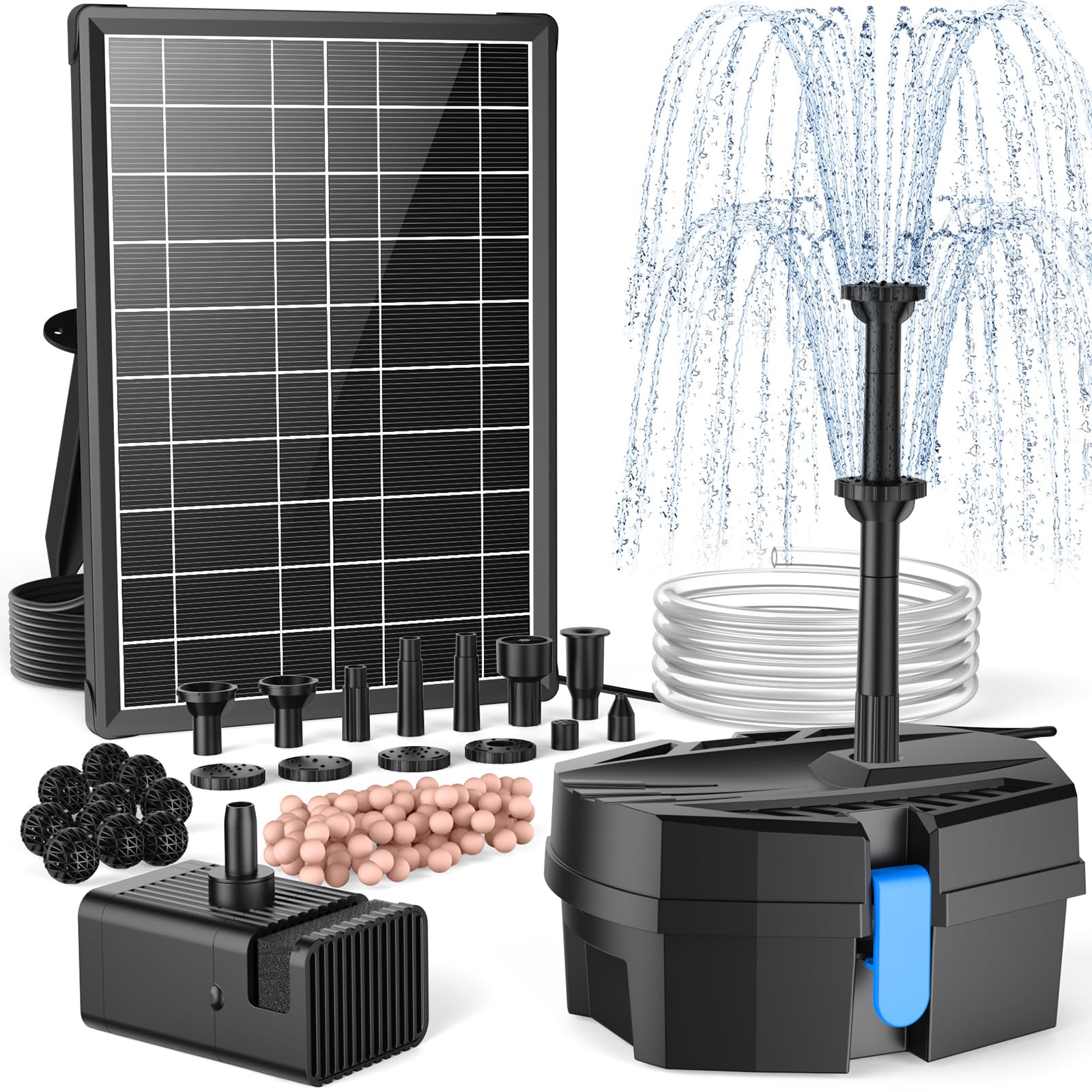 【池フィルター付き】ソーラー噴水ポンプ 7.5W 1800mAh大容量電池内蔵 透明パイプ1.5m付き 8種ノズル搭載 酸素供給?水循環機能 池?プール?庭園?バードバス対応 ソーラーパネル充電式 ガーデン装飾用