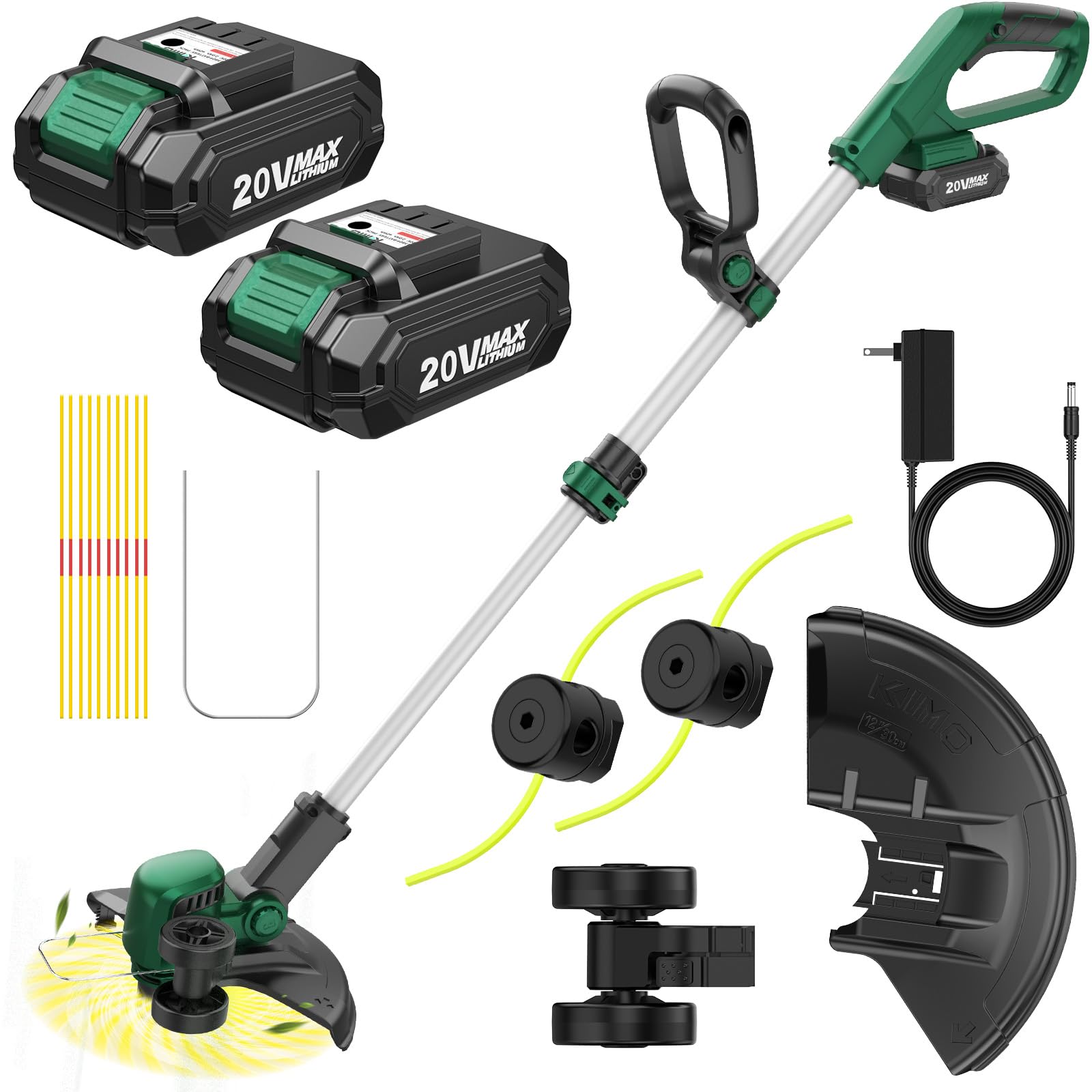 草刈り機 充電式 コードレス 電動草刈機 充電式刈払機 芝刈り機 高回転22000min-1 ナイロンロープ10本付き 1.6mmナイロンコード*2個 93-125cm伸縮式調節可ポール 90°補助ローラー 180°補助ハンドル 切屑飛散防止カバー 込幅300mm 2.0バッテリー*2個 芝の縁切り 刈り払