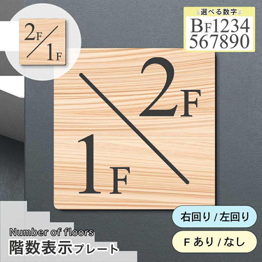 【〜12:00注文で当日発送】階数表示板 踊り場 2/1タイプ 階段 中間階 1.5階 階数表示プレート 数字 サイン 150角 200角 250角 300角 右回り 左回り 対応 看板 木目調 ウッド 15cm 30cm 特大 表示板 ナチュラル 屋外対応 シール式 日本製 送料無料