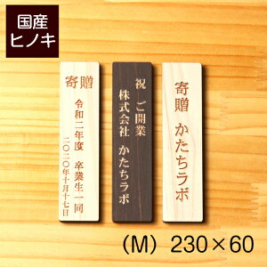 【月間優良ショップ受賞】国産ヒノキ 寄贈プレート 縦型 M 230×60 名入れ プレート 表題 題名表示 卒業 卒園 記念品 寄贈品 オーダー おしゃれ 縦書き 縦長 メッセージ ギフト タイトル 木 シール式 あいち認証材 メール便 送料無料【24年4月度 通算19回目】