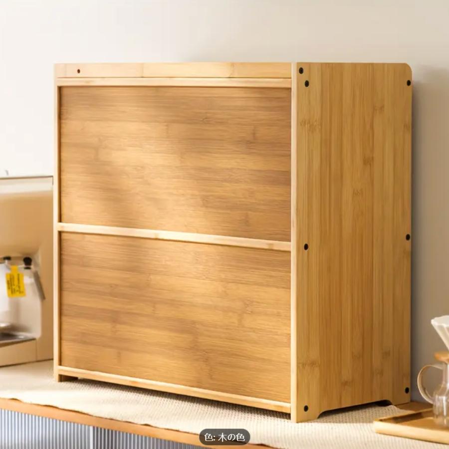 竹製コーヒーカップオーガナイザー蓋付き、マグカップ、ティーセット、化粧品、床置き式収納ラック、茶色の木製デスクアクセサリー、収納ラック