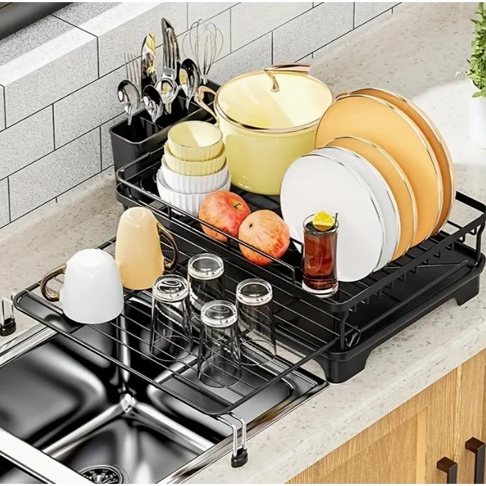大型拡張可能な食器ラックと排水ボード - 食器、カトラリー＆カップ用の多機能キッチンオーガナイザー..