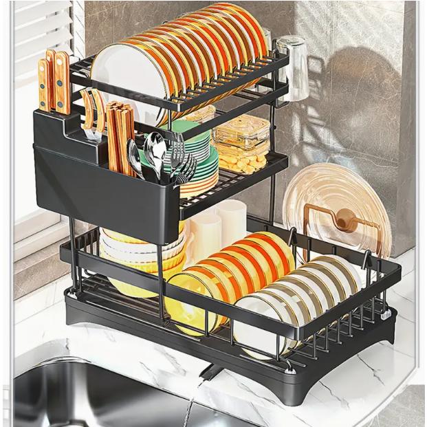 取り外し可能な調節スタンド付き3段ヘビーデューティーカーボンスチール食器乾燥ラック - プレート、カ..