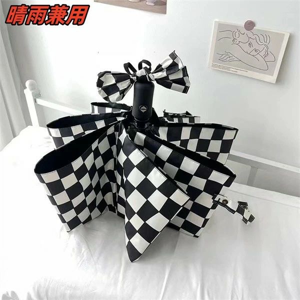 晴雨兼用傘 折りたたみ 軽量 自動開閉 おしゃれ UVカット完全遮光 超撥水 遮光遮熱傘 傘カバー付属 小さめ かわいい 黒白チェック 3段折りたたみ 5段折りたたみ