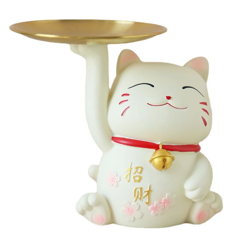 招き猫 キー収納トレイ 猫の置物 皿を上げるラッキー招き猫 飾り 玄関置物 卓上収納 ステンレス鋼の皿 ..