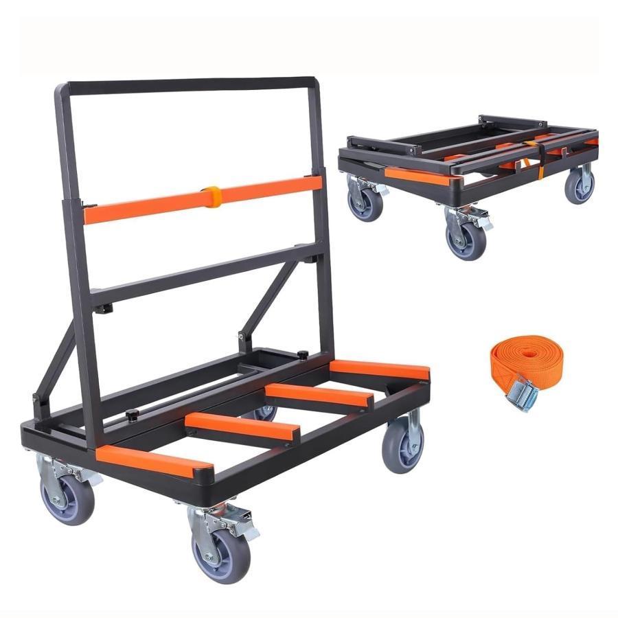 ガラス運搬用台車 折り畳みポニー台車安全ベルト付き 4 TPR輪 サイレント長尺物台車 業務用多用途大型鋼管荷台車 耐荷重500kg 建設現場