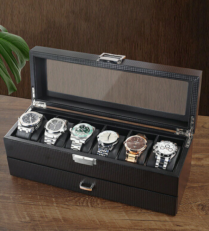 腕時計ケース 6本用 時計ケース 腕時計 ウォッチ 収納ケース アクセサリーケース 透明窓 ボックス コレクション 収納 保管 ケース 高級 PU革 カーボンファイバー 持ち運び ウォッチケース 収納ボックス ディスプレイ インテリア 父の日 ギフト