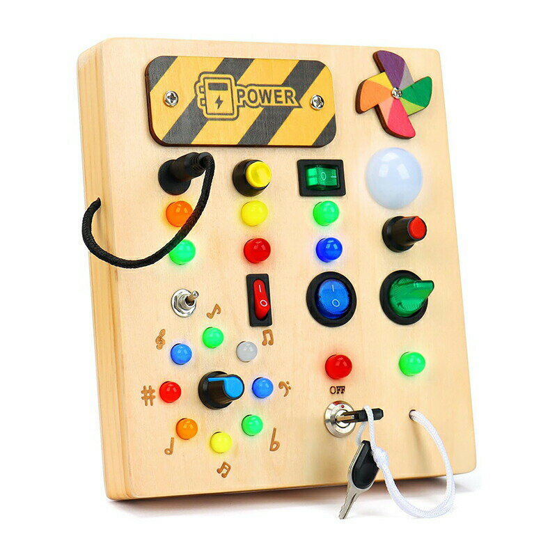 モンテッソーリ おもちゃ 子供 ビジーボード LEDとスイッチ付き 幼児用ビジーボード 木製 知覚玩具 ライトスイッチ 旅行用おもちゃ 1 2 3 4 歳 早期開発 指先訓練 知育玩具 男の子 女の子 誕生日プレゼント 多機能 木の