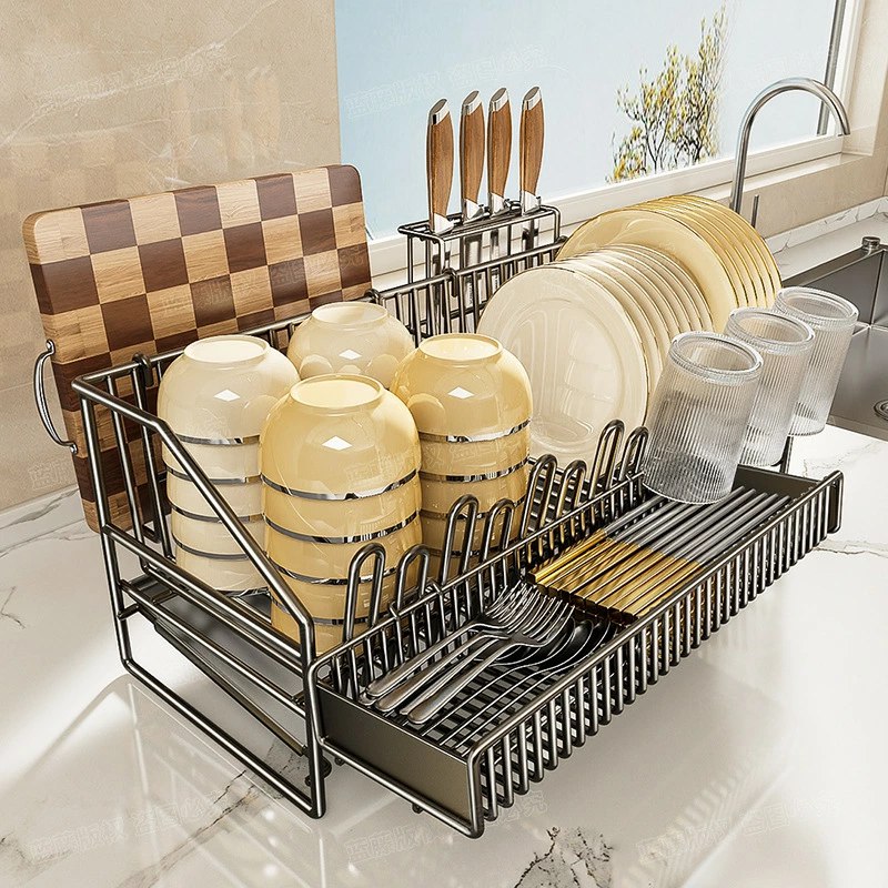 水切り 水切りラック 水切りかご スリム おしゃれ 大容量 包丁立て 箸置き まな板立て 高さ18cm 幅50cm 奥行21cm 水を自動で流すトレー付き 細長い 狭い 省スペース シンク横 キッチンラック 一人暮らし 新生活 食器 乾燥 組み立て簡単 水切りカゴ