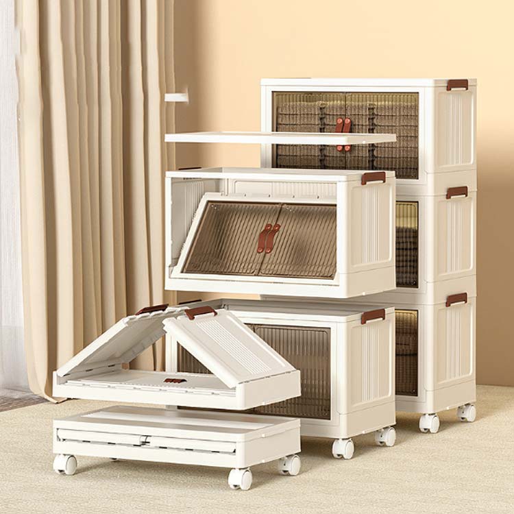 防湿 収納ケース押し入れ 二段 収納キャビネット 組立簡単クローゼット 省スペース 折りたたみ 収納ボックス キャスター付き 半透明扉付き折りたたみボックス おしゃれホワイト 大容量 プラスチック 防塵 扉付き折り畳みコンテナ