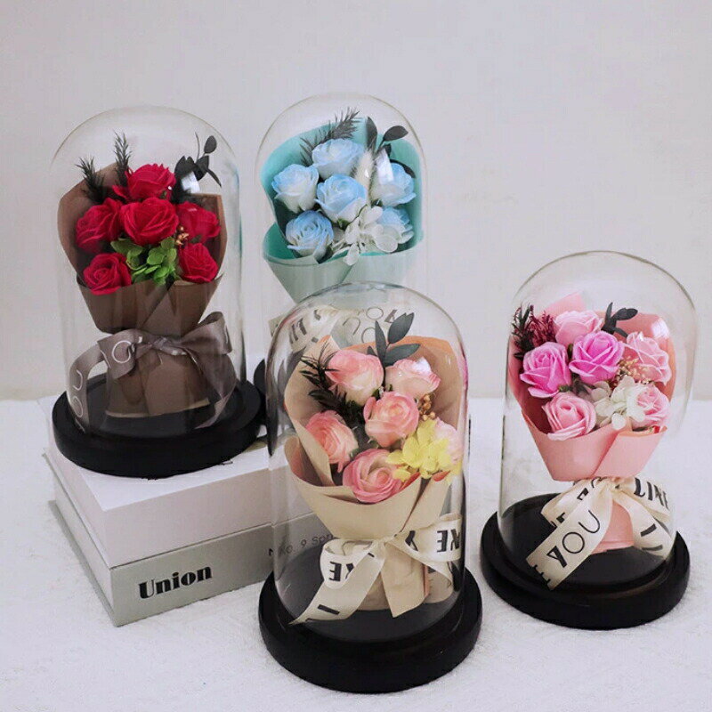 ガラスドーム入りミニソープフラワー花束｜誕生日・告白・記念日に贈る可愛いギフトボックスソープフラワー、プリザーブドフラワー、薔薇、ミニブーケ、拇指花束（ミニサイズ）枯れない花、誕生日、バレンタイン、告白、記念日、プロポーズ