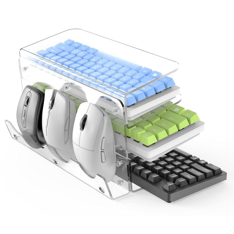 アクリル製 キーボード収納ラック キーボードディスプレイスタンド 3段階キーボードホルダー 卓上収納ラック 多機能ディスプレイスタンド ハンドル マウススタンドメカニカルキーボードに対応可能 組み立て簡単 ホームオフィス用