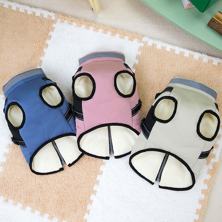 ハーネス一体型 ジャケット 犬服 背開き 裏ボア 暖かい コート 秋冬 ふわふわ 柔らかい 小型犬 超小型犬 かわいい Dカン付き お出かけ お散歩 着脱簡単 ベストドッグウ 猫 犬 袖なし