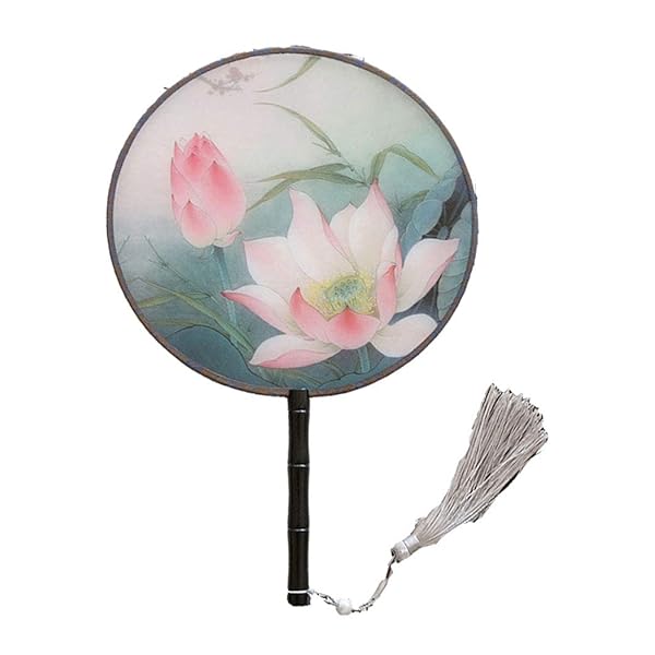 伝統的団扇、古風の半透明のうちわ、丸い扇子、木質の竿、綾絹の布、10+カラー印刷のパターン、21 CM/8..