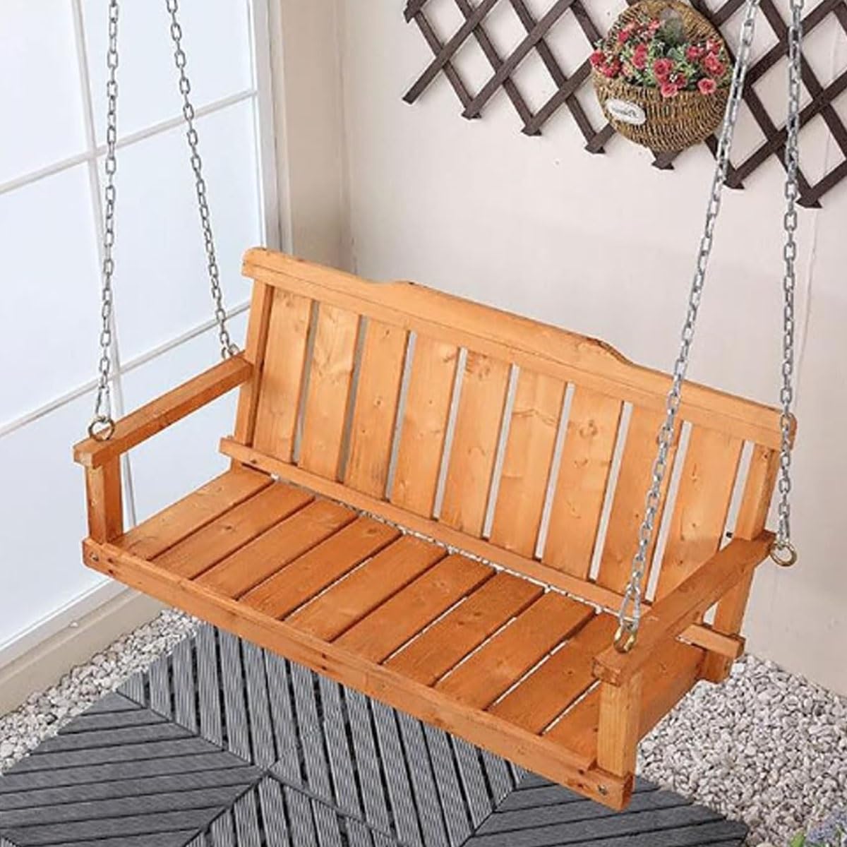 屋外木製ポーチブランコ、二人掛けベンチ、背もたれ付き、大人用、吊り下げチェーンと固定ネジ付き、高..