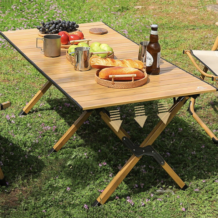 アウトドアテーブル ロール式 木製 折りたたみ 折り畳み 収納袋付き 持ち運び 携帯 レジャー 机 ウッド..