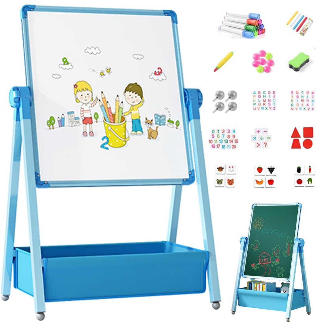 お絵かきボード 黒板 子供用 大画面 収納袋付き イーゼル 98-165cm高さ調整可能 360度回転 磁気筆書板 ..