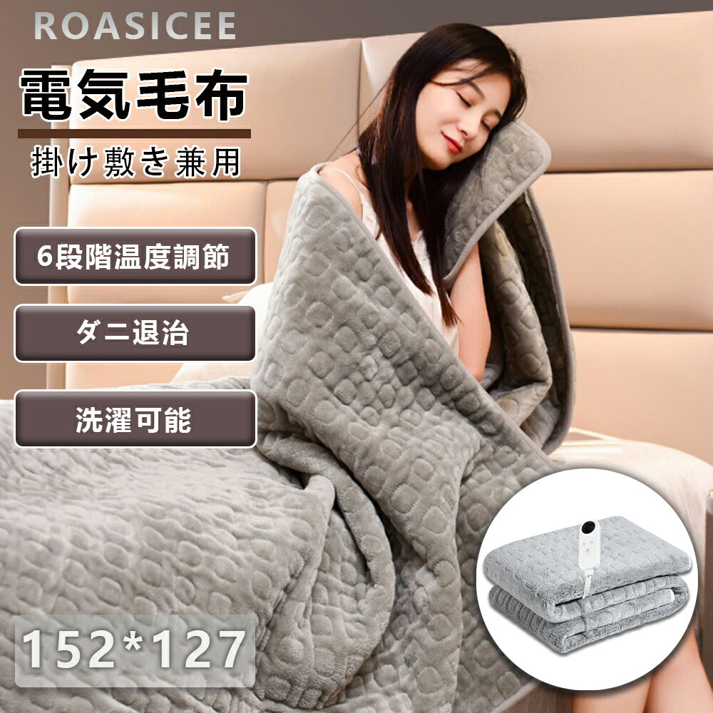 ＼Point10倍／【自動切タイマー付】電気毛布 掛け敷き兼用 ROASICEE 電気ひざ掛け 両用 洗える フランネル 6段階温度調節 自動電源オフ ダニ退治 省エネ 過熱保護 掛け 敷き 152×127cm 電気ブランケット ひざ掛け 電気しき毛布 電気掛け毛布 防寒対策 足元暖房のサムネイル