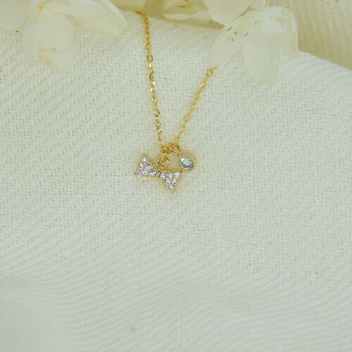 楽天KateMate 楽天市場店【全商品ポイント5倍！お得なクーポン発行中】リボン＆ストーンネックレス　アクセサリー　レディース　ネックレス　ゴールド　リボン　一粒　モチーフ　ストーン　シンプル　カジュアル　オシャレ　人気　ゴールド　パーティー　プレゼント　ギフト