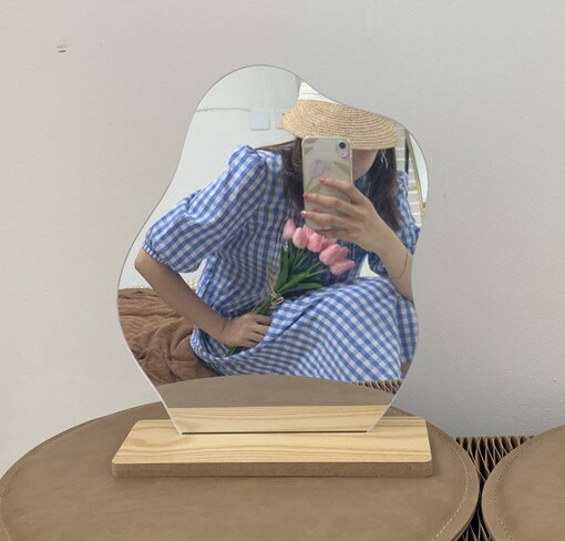 スタンドミラー　鏡　ミラー　デザイン　雑貨　インテリア　おしゃれ　かわいい　可愛い　卓上　丸　上　大きい　割れない 韓国　韓国雑貨　木　化粧鏡　卓上鏡　コンパクト