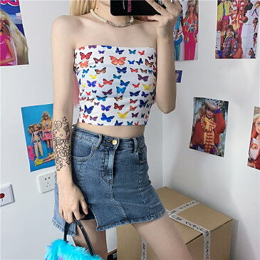 蝶柄 チューブトップ キャミソール タンクトップ トップス 白 ホワイト カラフル レディース ガールズ ダンス 衣装 ヒップホップ HIPHOP 韓国 ファッション おしゃれ ストリート 原宿 かっこいい 派手 セクシー へそ見せ 肌見せ 短い 短め
