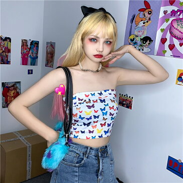 蝶柄 チューブトップ キャミソール タンクトップ トップス 白 ホワイト カラフル レディース ガールズ ダンス 衣装 ヒップホップ HIPHOP 韓国 ファッション おしゃれ ストリート 原宿 かっこいい 派手 セクシー へそ見せ 肌見せ 短い 短め