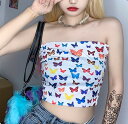 蝶柄 チューブトップ キャミソール タンクトップ トップス 白 ホワイト カラフル レディース ガールズ ダンス 衣装 ヒップホップ HIPHOP へそ出し 肌...