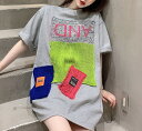 ニット ワッペン トップス 2色 Tシャツ 半袖 グレー ピンク カットソー ロゴ ダンス 衣装 ヒップホップ HIPHOP レディース ガールズ ストリート ...