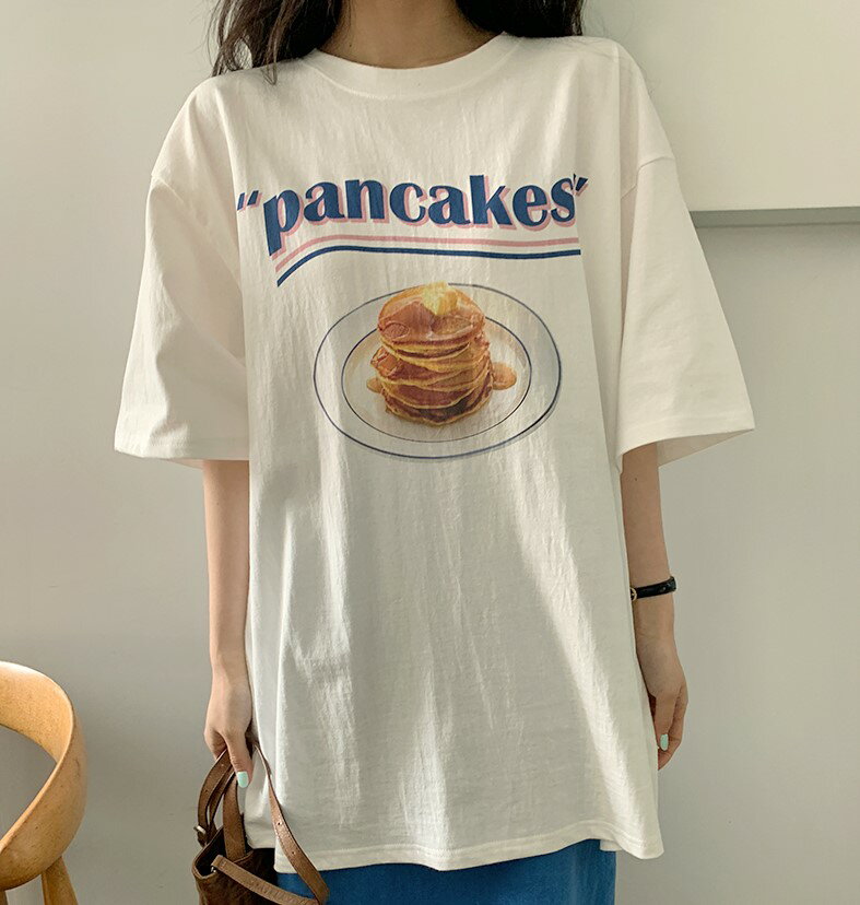 楽天Kathinaパンケーキ　Tシャツ　トップス　カットソー　半袖　五分袖　ロゴ　白　ホワイト　ダンス　衣装　ヒップホップ　HIPHOP　レディース　ガールズ　食べ物　お菓子　スイーツ　大きい　ビッグ　ゆったり　服　プリント　韓国　おしゃれ　可愛い　ケーキ　ガーリー