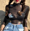 天使柄 シースルー トップス 長袖 Tシャツ カットソー 透け感 短い 短め ショート丈 へそ出し ハイネック タートルネック 黒 ブラック 青 ブルー インナ...