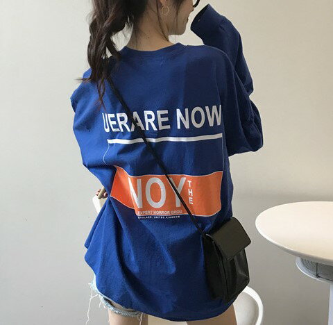 ロゴ　長袖　Tシャツ　トップス　カットソー　ロンT　トレーナー　大きい　大きめ　ビッグ　長め　ゆったり　青　ブルー　オレンジ　白　ホワイト　カラフル　ダンス　衣装　ヒップホップ　HIPHOP　レディース　メンズ　ガールズ　kpop　大人　ストリート　シンプル