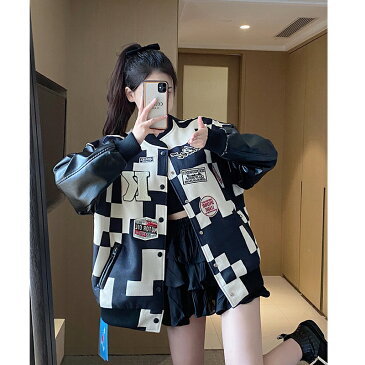 チェック アウター ブルゾン ジャケット レザー ライダース ワッペン ロゴ ポケット 大きい 大きめ ビッグ 黒 ブラック 白 ホワイト ダンス 衣装 ヒップホップ HIPHOP レディース メンズ ガールズ kpop 大人 ストリート 刺繍 個性的 かっこいい