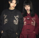 チャイナ服 2色 トップス カットソー シャツ ブラウス 長袖 ゆったり 刺繍 龍 ドラゴン 黒 ブラック 赤 レッド ゴールド ボタン ダンス 衣装 ヒップホ...