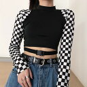 チェック ショート丈 トップス カットソー 長袖 ベルト 短い 肌見せ セクシー へそ出し ボディーライン ダンス 衣装 ヒップホップ HIPHOP レディース...