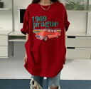 ロゴ　車　プリント　Tシャツ　半袖　ロング　トップス　カットソー　旧車　ベンツ　赤　レッド　長い　ゆったり　ワンピース　ダンス　衣装　ヒップホップ　HIPHOP　レディース　メンズ　ガールズ　ストリート　スケーター　大きいサイズ　ビッグ　韓国　おしゃれ　レトロ その1