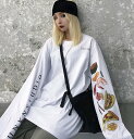 フード Tシャツ 2色 トップス カットソー 長袖 ロゴ 黒 ブラック 白 ホワイト カラフル 食べ物 プリント デザイン 大きいサイズ ビッグ ロンT ダンス...