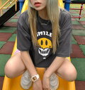 スマイル Tシャツ 3色 半袖 トップス カットソー ロゴ ニコちゃん がいこつ 黒 ブラック グレー ネイビー ダンス 衣装 ヒップホップ HIPHOP レディース メンズ ガールズ ストリート 個性的 奇抜 大きいサイズ ビッグ かっこいい ヴィンテージ