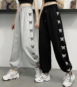 ちょうちょ ライン パンツ ズボン ボトムス スウェット ジャージ 服 下 ゴム ハイウエスト ロング 太い 太め 絞り 蝶 黒 ブラック グレー ダンス 衣装...