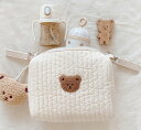 コットン マルチ ポーチ 3色 韓国 おむつポーチ 刺繍 キルティング 北欧 赤ちゃん ベビーグッズ くま ベア チューリップ うさぎ ハート フック 21.5...